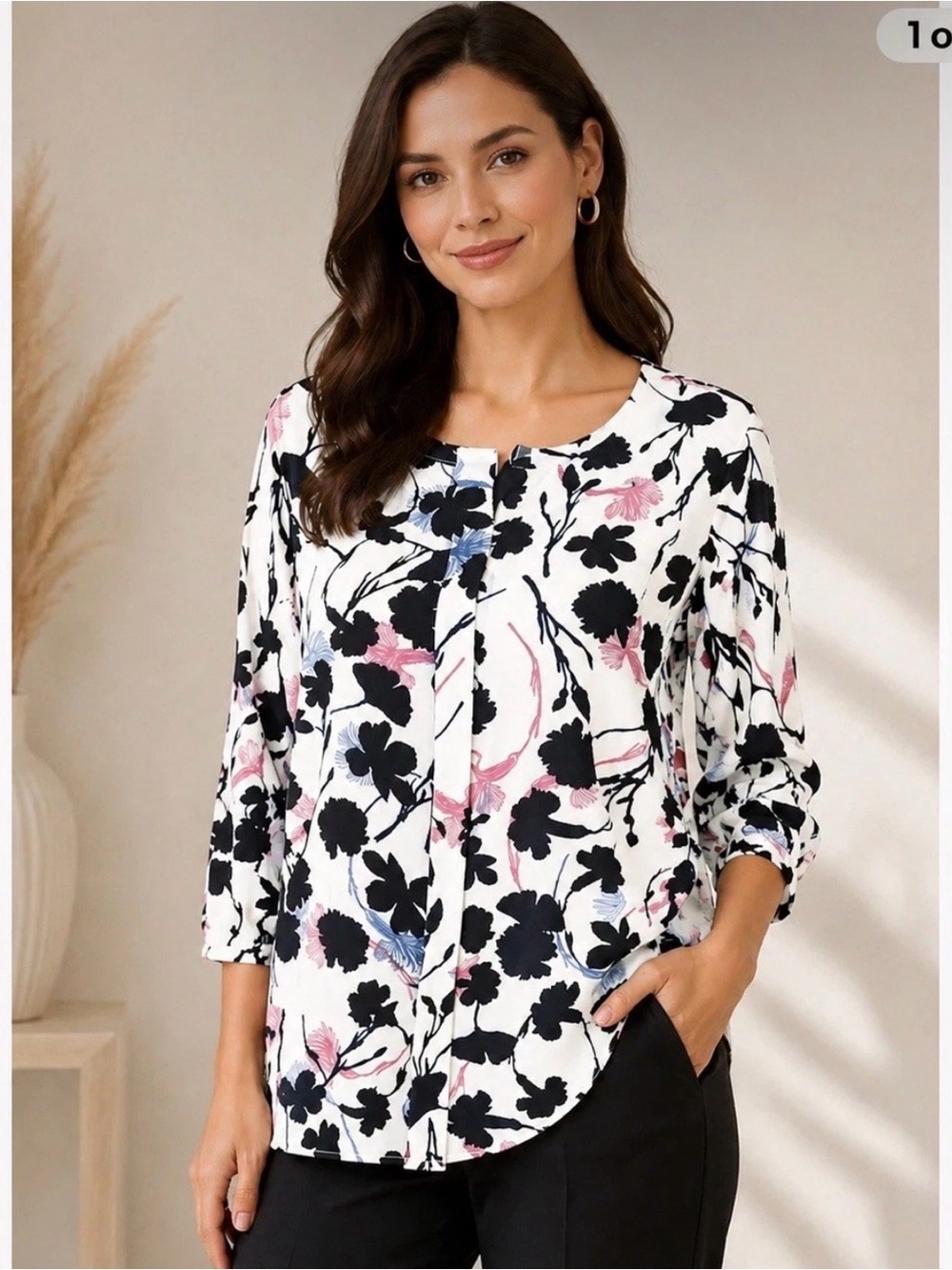 C&C California White Floral Blouse with Black and Pink Accents